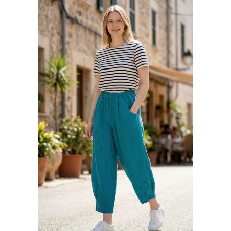 Pantalon court large 100% lin Végan femme kaki - Matière noble
