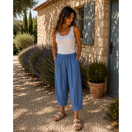 Pantalon court large 100% lin Végan femme, divers coloris - Matière noble
