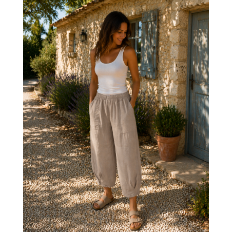 Pantalon court large 100% lin Végan femme, divers coloris - Matière noble