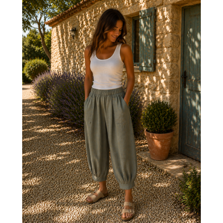 Pantalon court large 100% lin Végan femme kaki - Matière noble