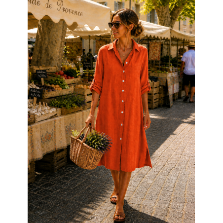 Robe chemise midi 100% lin orange – Élégance naturelle | Matière Noble