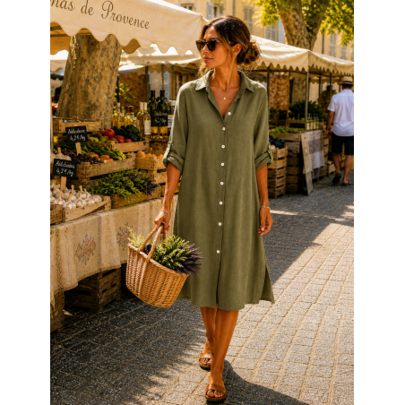 Robe chemise 100% lin kaki – Style naturel femme | Matière Noble