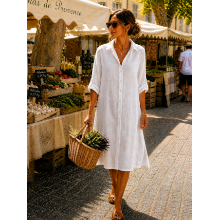 Robe chemise midi blanche en 100%  lin Matière noble