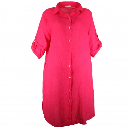 Robe chemise midi en 100%  lin rose vif - Matière noble