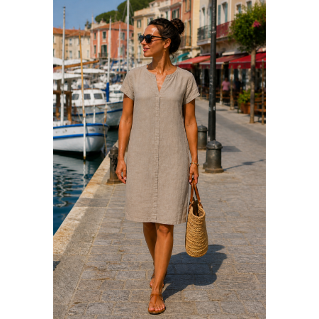 ROBE LIN MANCHES COURTES TAUPE