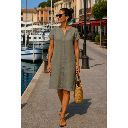ROBE LIN MANCHES COURTES KAKI