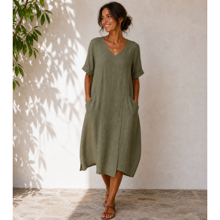 ROBE 100% LIN NATUREL KAKI...