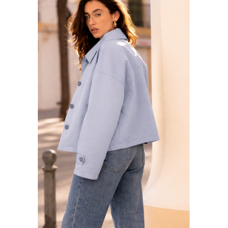 Veste trench courte réversible bleu ciel / blanc - Matière noble