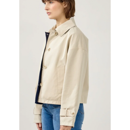 Veste trench courte réversible beige/ marine - Matière noble