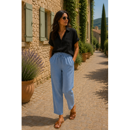 Pantalon 100% lin Végan femme bleu jean - Matière noble