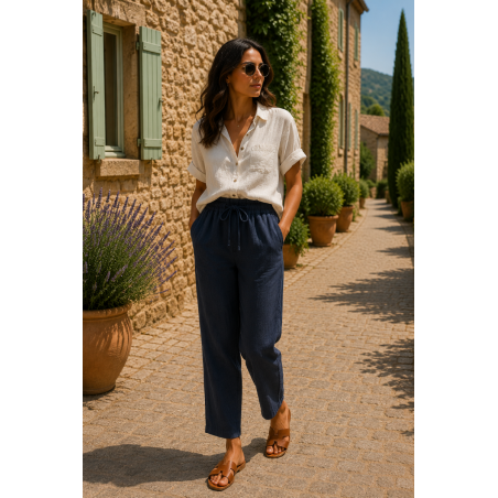 Pantalon 100% lin Végan femme bleu nuit - Matière noble