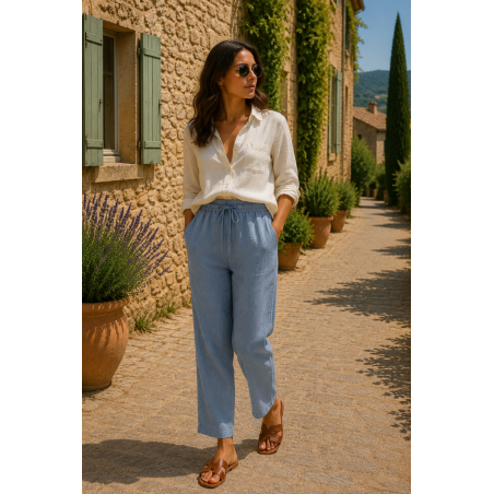 Pantalon 100% lin Végan femme bleu - Matière noble