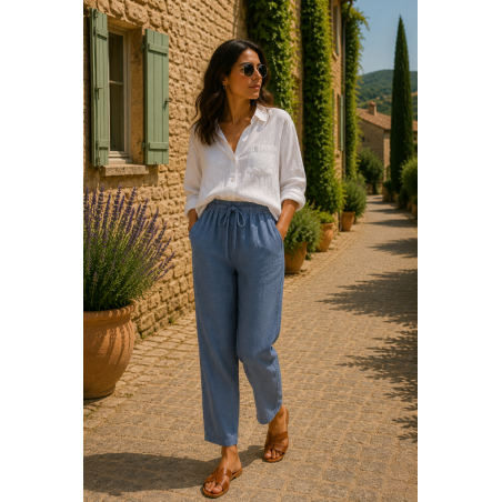 Pantalon 100% lin Végan femme bleu jean - Matière noble