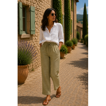 Pantalon 100% lin Végan femme vert olive - Matière noble