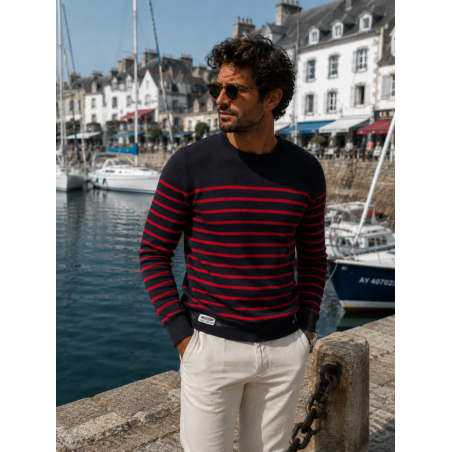 Pull marin homme marine rayé rouge - Matière noble