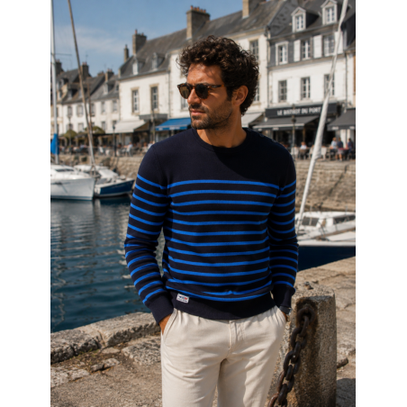 Pull homme marine rayé bleu - Matière noble