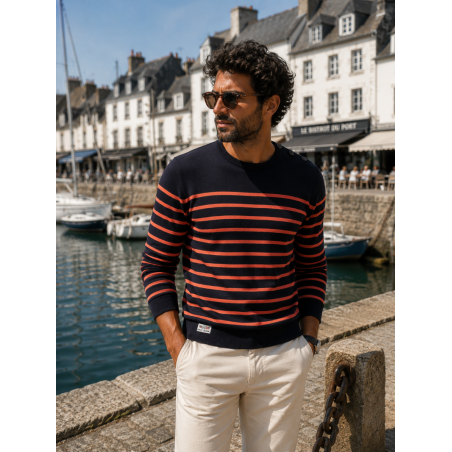 Pull marin homme marine rayé orange - Matière noble