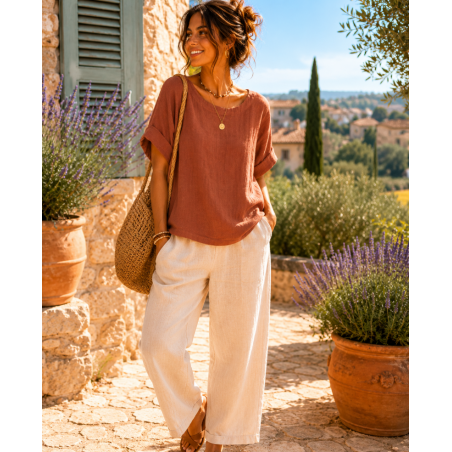 Haut femme 100 % Lin naturel Vegan,  Terracotta - Matière noble