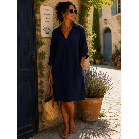 Robe Capri petit col 100% lin Vegan, divers coloris - Matière noble