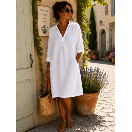 Robe Capri petit col 100% lin Vegan, divers coloris - Matière noble