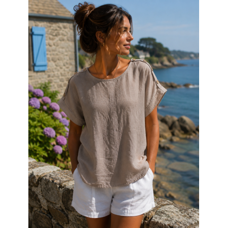 HAUT 100% LIN  BOUTONS TAUPE