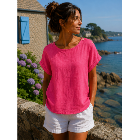HAUT 100% LIN  BOUTONS FUCHSIA