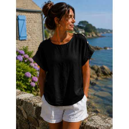HAUT 100% LIN  BOUTONS NOIR