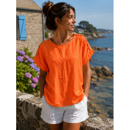 HAUT 100% LIN  BOUTONS ORANGE