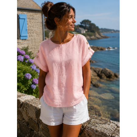 HAUT 100% LIN  BOUTONS ROSE