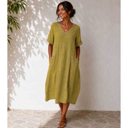 ROBE 100% LIN NATUREL OLIVE...