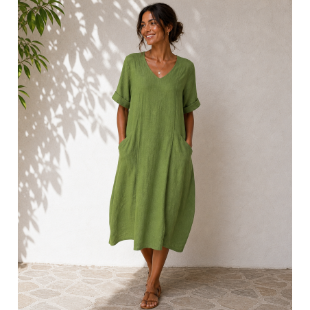 Robe 100% lin vert prairie - Matière noble