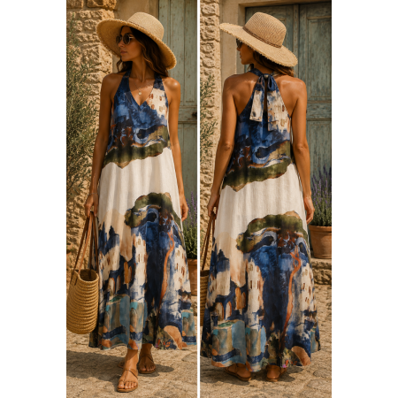 ROBE AQUARELLE 100% LIN BLEUE