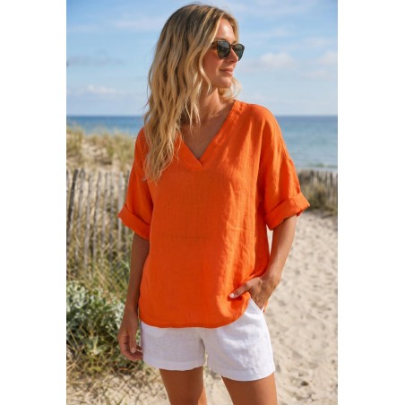 Haut en lin orange femme 100 % lin – Col V - Matière Noble