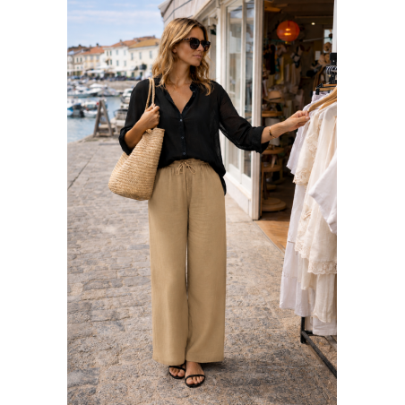 Pantalon large 100% lin Végan femme camel - Matière noble