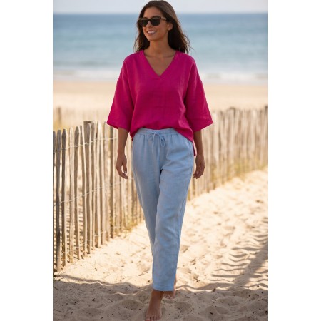 HAUT 100% LIN COL V FUCHSIA