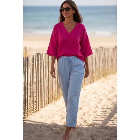 Haut en lin fuchsia  femme 100 % lin – Col V - Matière Noble