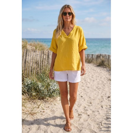 Haut en lin jaune femme 100 % lin – Col V - Matière Noble