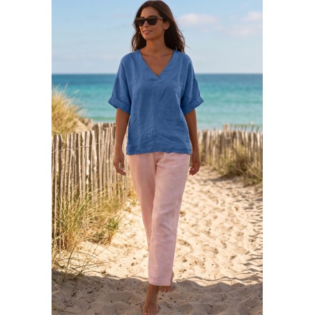 Haut en lin bleu femme 100 % lin – Col V - Matière Noble