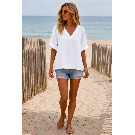 HAUT 100% LIN COL V BLANC
