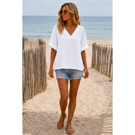 Haut en lin blanc femme 100 % lin – Col V - Matière Noble