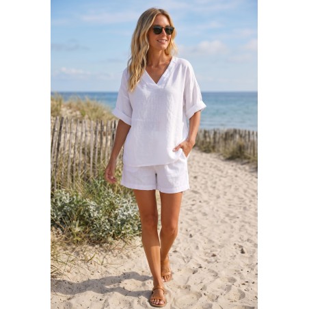Haut en lin blanc femme 100 % lin – Col V - Matière Noble