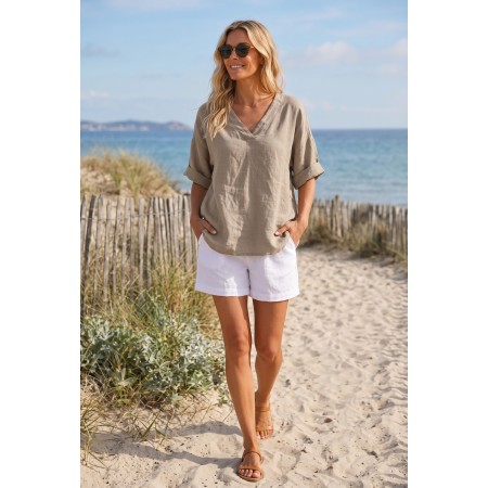 HAUT 100% LIN COL V TAUPE