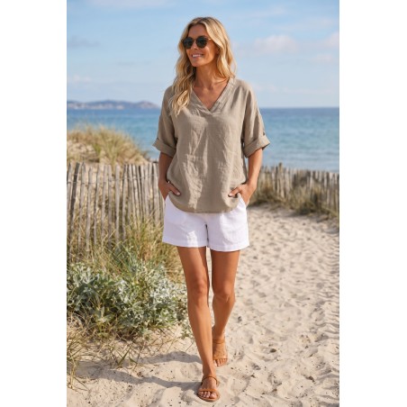 Haut en lin taupe femme 100 % lin – Col V - Matière Noble