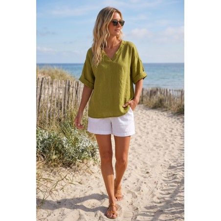 Haut en lin olive femme 100 % lin – Col V - Matière Noble