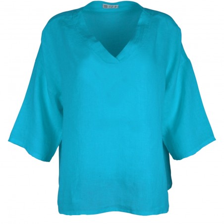 Haut en lin turquoise femme 100 % lin – Col V - Matière Noble