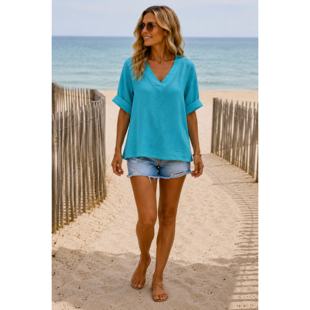 HAUT 100% LIN COL V TURQUOISE