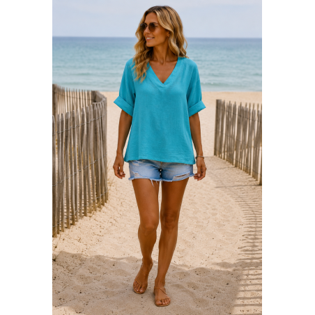 Haut en lin turquoise femme 100 % lin – Col V - Matière Noble