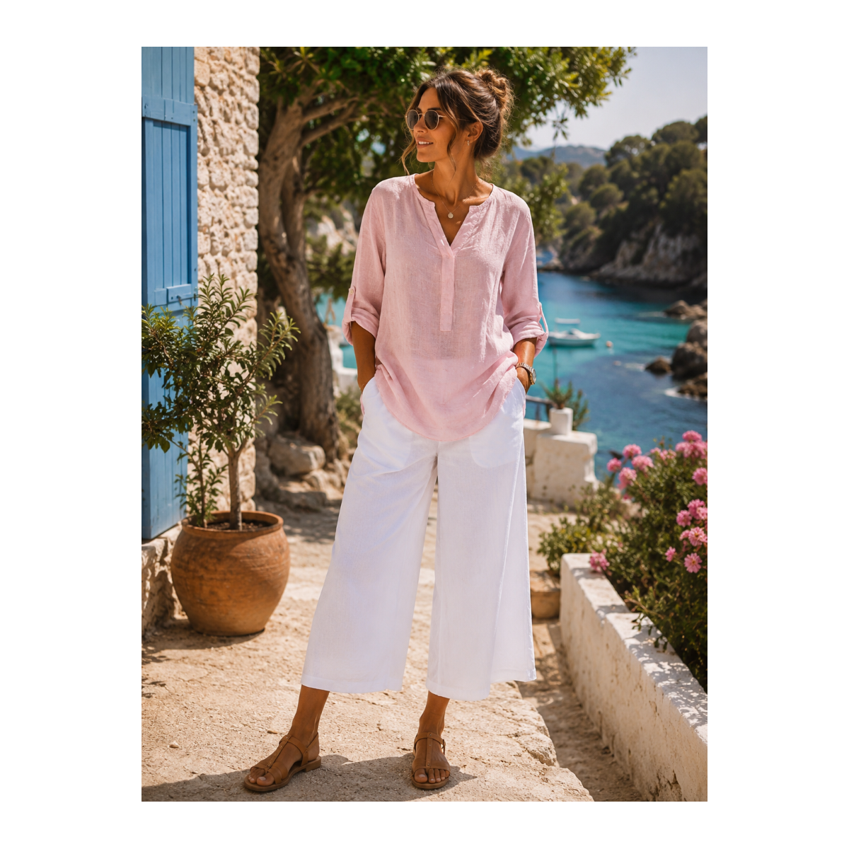 Tunique femme rose pâle, 100% Lin naturel, Vegan - Matière noble