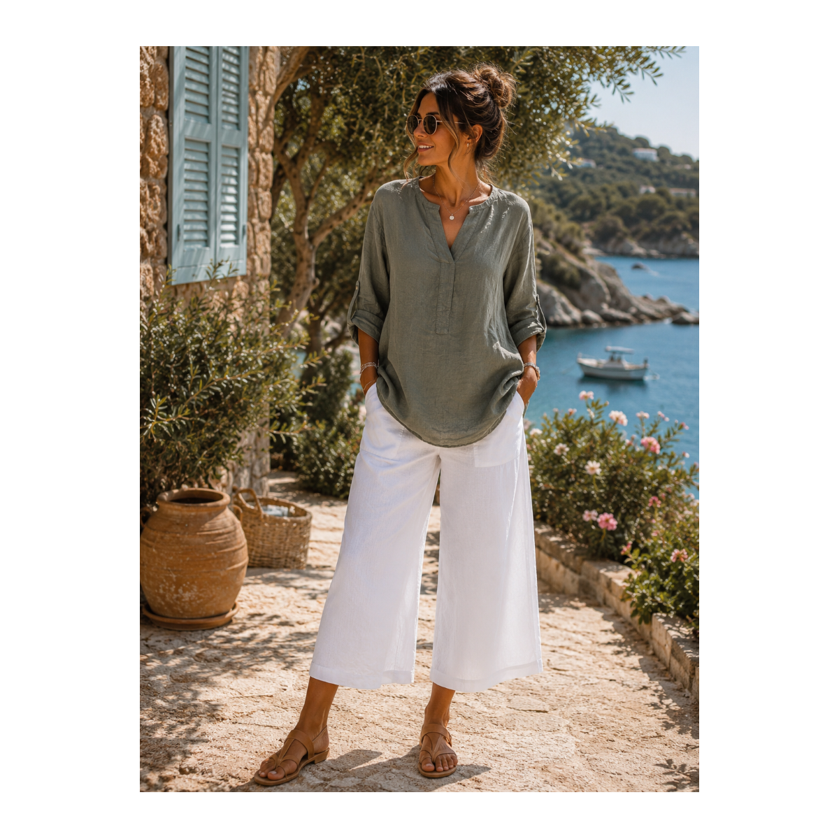Tunique femme kaki, 100% Lin naturel, Vegan - Matière noble