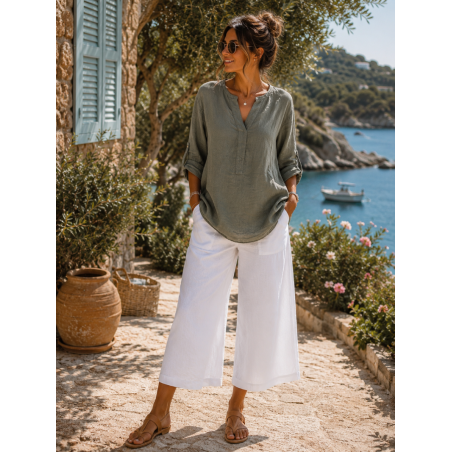 Tunique femme kaki, 100% Lin naturel, Vegan - Matière noble